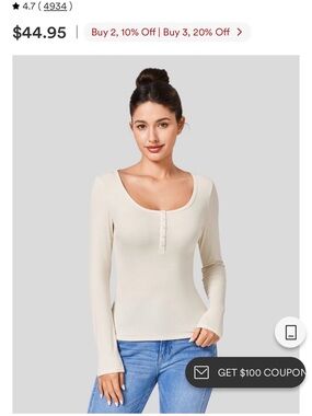 HALARA Cream Scoop-Neck Henley Long Sleeve Top